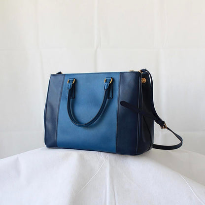 Prada Blue Bicolor Saffiano Lux Leather Medium Galleria Double Zip Tote
