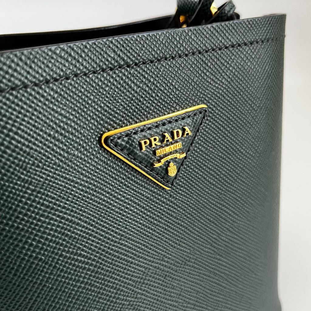 Prada Dark Green Logo Plaque Mini Bucket Bag