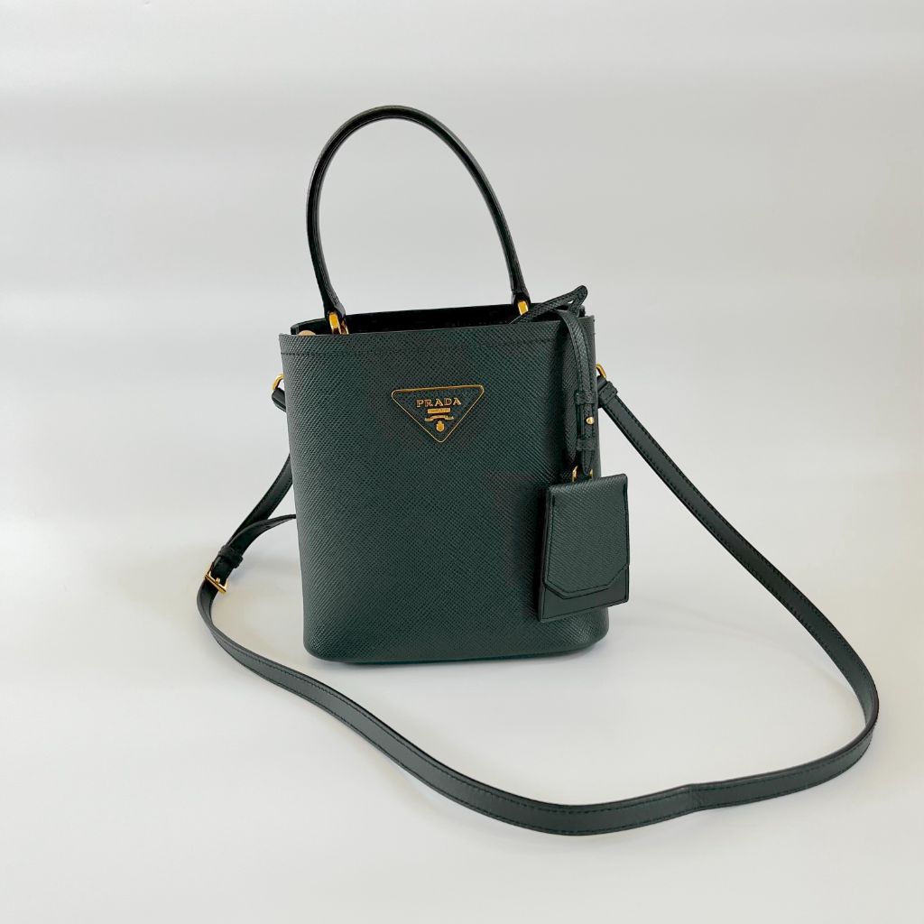 Prada Dark Green Logo Plaque Mini Bucket Bag