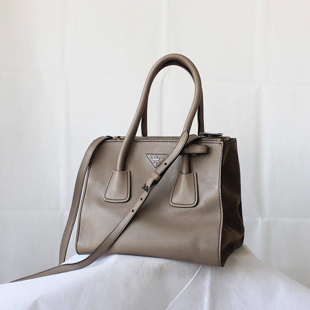 Prada Grey Leather Top Handle Khaki Bag