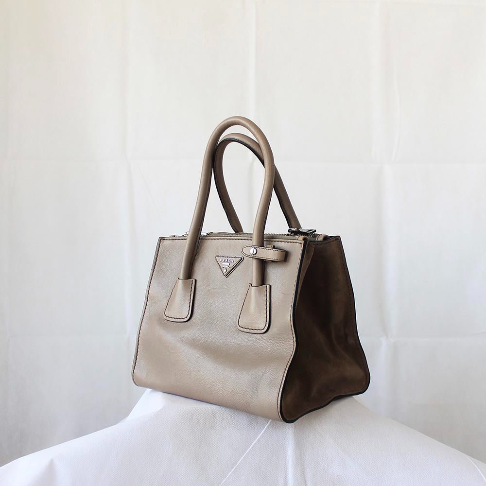 Prada Grey Leather Top Handle Khaki Bag