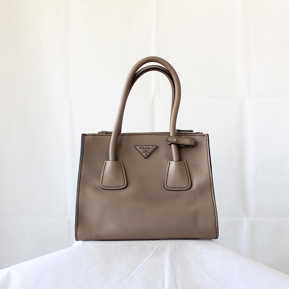 Prada Grey Leather Top Handle Khaki Bag