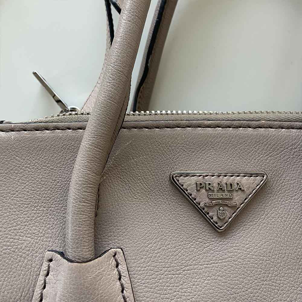 Prada Grey Leather Top Handle Khaki Bag