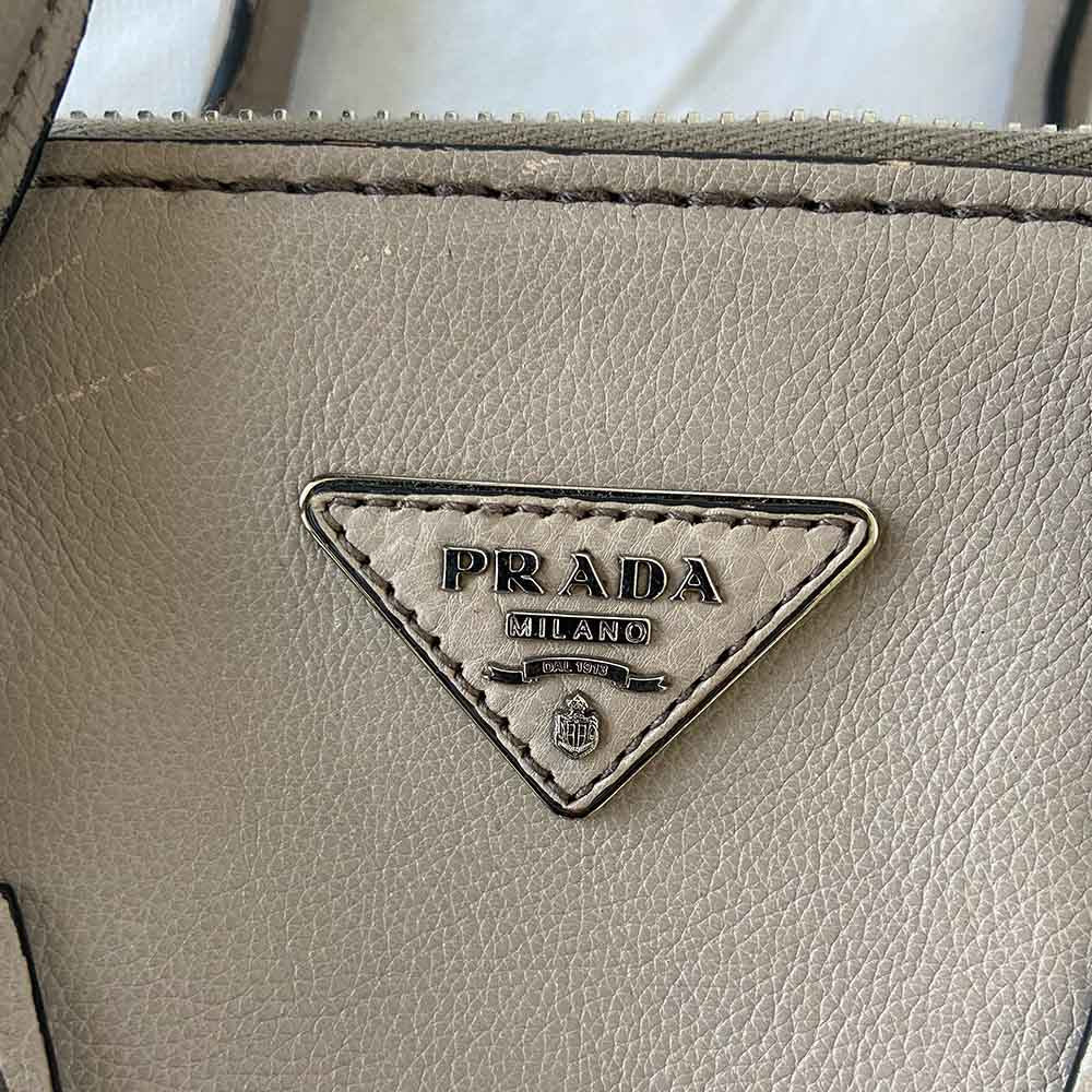 Prada Grey Leather Top Handle Khaki Bag