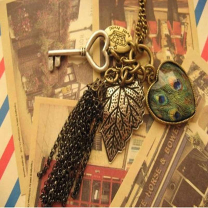 High Quality Retro Peacock Feather Key Necklace