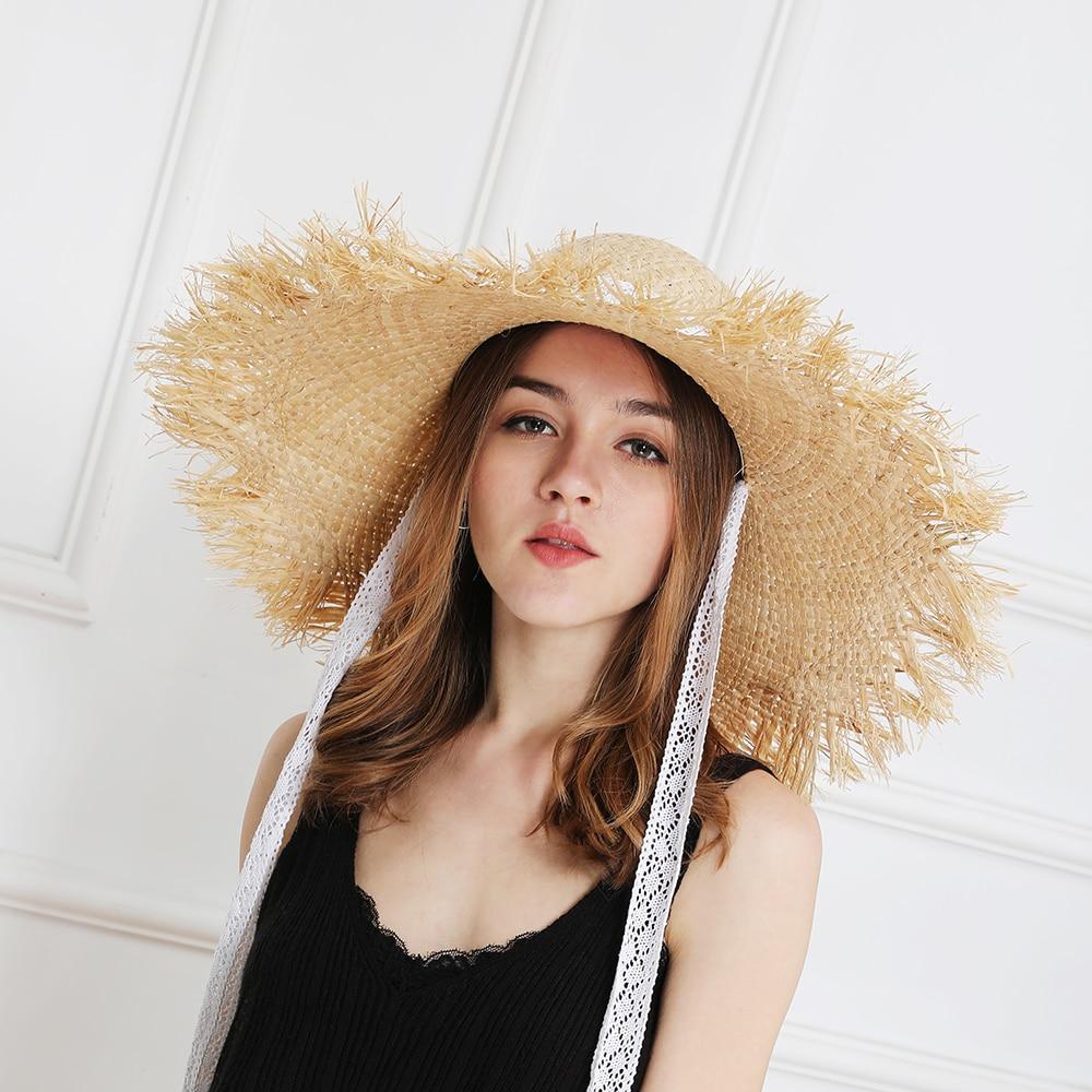 Lace Strap Straw Hat Bow Wide Grass Female Summer Cap Beach Visor Outdoor Holiday Beach Sun Protection Hat Collapsible