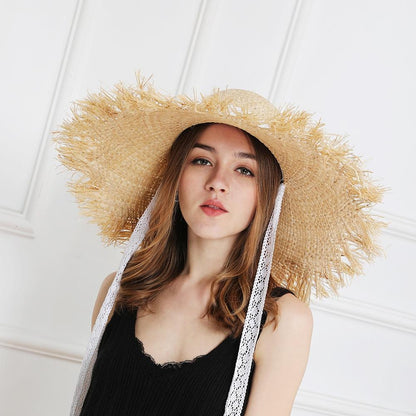 Lace Strap Straw Hat Bow Wide Grass Female Summer Cap Beach Visor Outdoor Holiday Beach Sun Protection Hat Collapsible