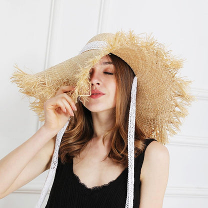 Lace Strap Straw Hat Bow Wide Grass Female Summer Cap Beach Visor Outdoor Holiday Beach Sun Protection Hat Collapsible