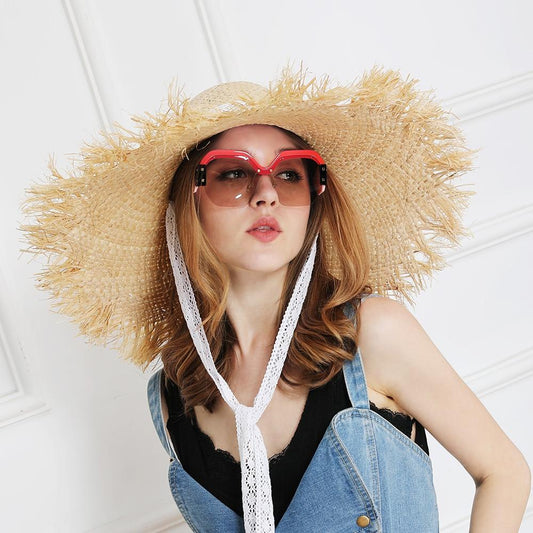 Lace Strap Straw Hat Bow Wide Grass Female Summer Cap Beach Visor Outdoor Holiday Beach Sun Protection Hat Collapsible