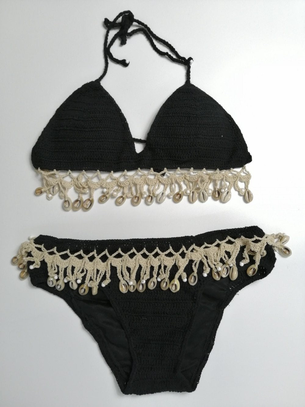 Solid Crochet Bikini Set Shell Tassels Bikini Brazilian Crochet Swimsuit Women Halter Swimwear Strappy Bikinis