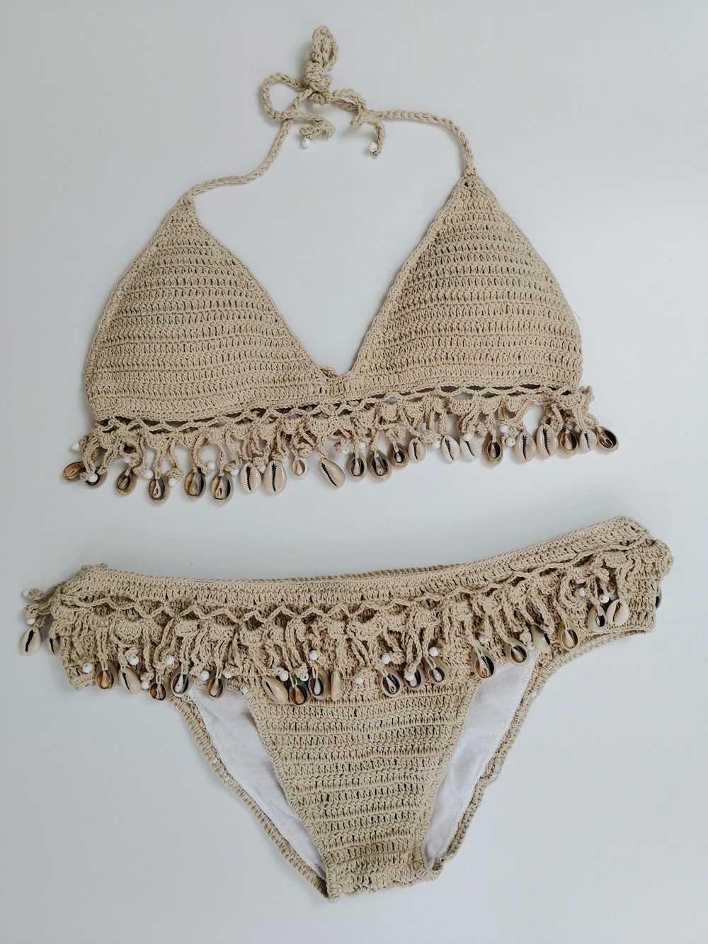 Solid Crochet Bikini Set Shell Tassels Bikini Brazilian Crochet Swimsuit Women Halter Swimwear Strappy Bikinis
