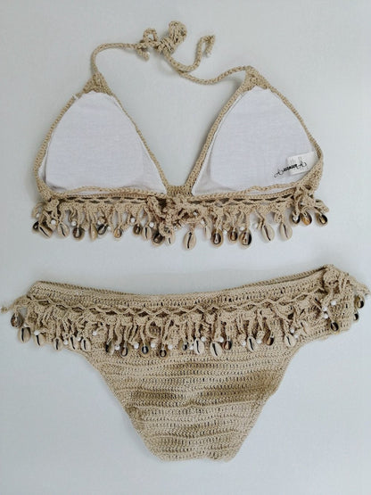 Solid Crochet Bikini Set Shell Tassels Bikini Brazilian Crochet Swimsuit Women Halter Swimwear Strappy Bikinis