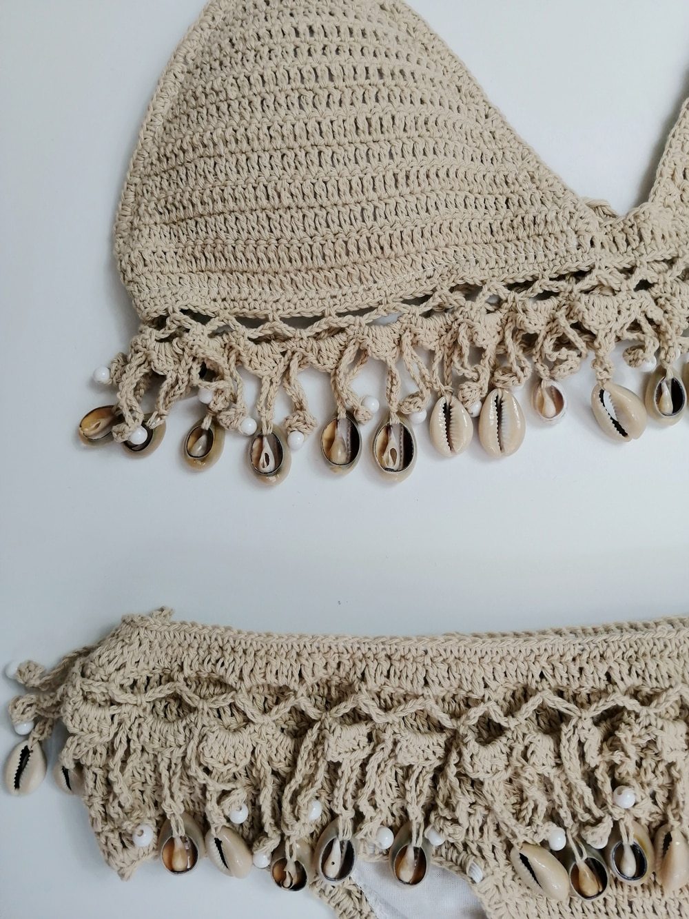 Solid Crochet Bikini Set Shell Tassels Bikini Brazilian Crochet Swimsuit Women Halter Swimwear Strappy Bikinis