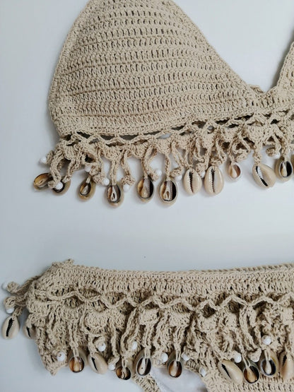 Solid Crochet Bikini Set Shell Tassels Bikini Brazilian Crochet Swimsuit Women Halter Swimwear Strappy Bikinis