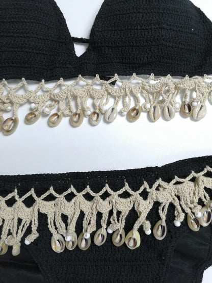 Solid Crochet Bikini Set Shell Tassels Bikini Brazilian Crochet Swimsuit Women Halter Swimwear Strappy Bikinis