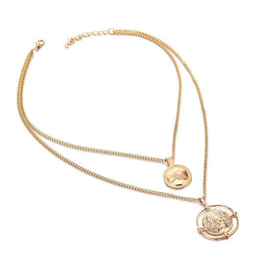 Ailend Pendant Necklace Bohemian Female Double-Layer Necklace Retro Gold Carved Coin Necklace Jewelry