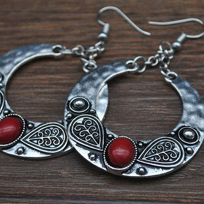 Ethnic Vintage Carved Large Circle Antique Drop Dangle Earrings