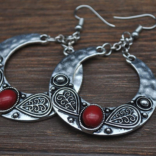 Ethnic Vintage Carved Large Circle Antique Drop Dangle Earrings
