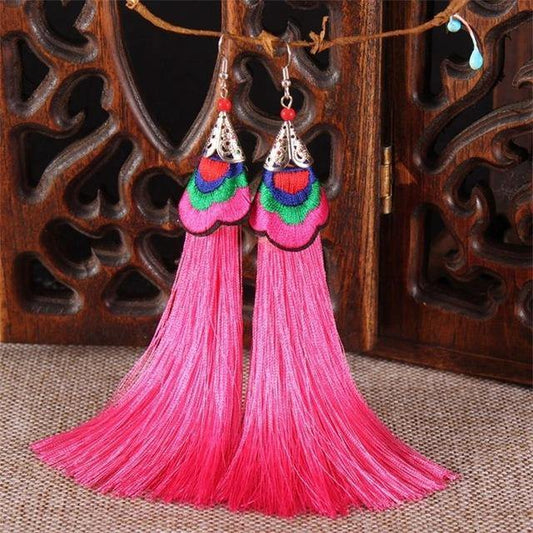 Ethnic Tibet Embroidery Long Tassel Drop Retro Bohemia Handmade Tassel Earrings