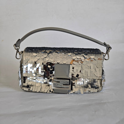 Fendi silver sequin and leather baguette bag