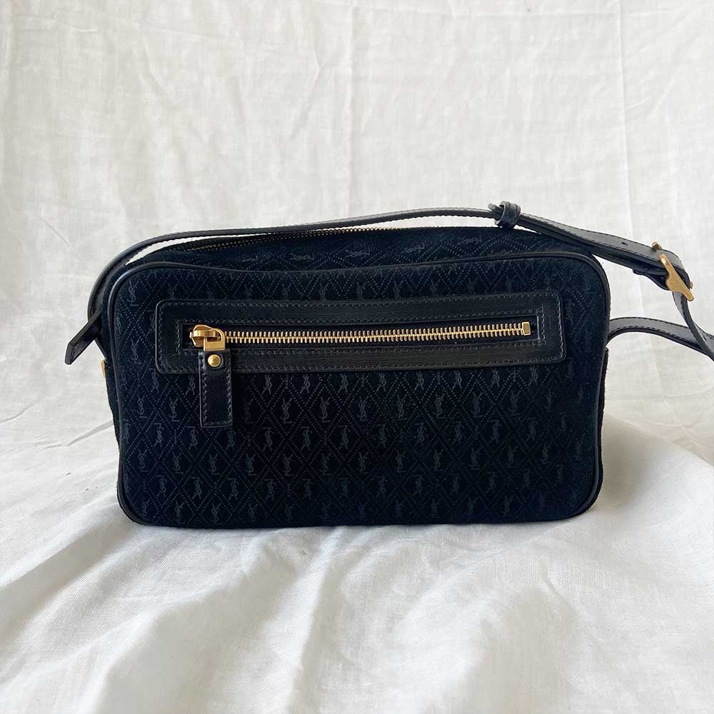 Saint Laurent Monogram Debossed Suede Camera Crossbody Bag