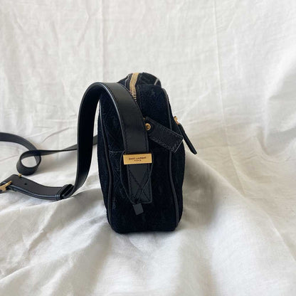 Saint Laurent Monogram Debossed Suede Camera Crossbody Bag