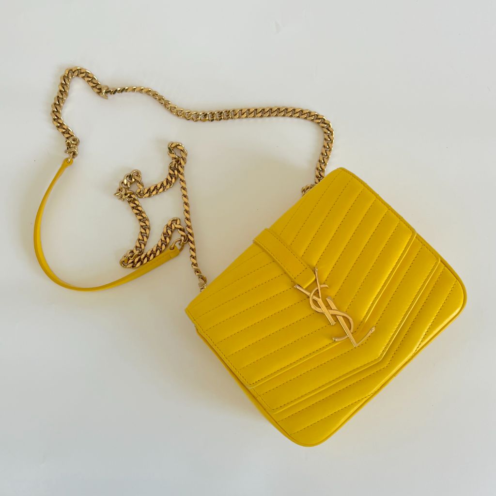Saint Laurent yellow chevron stitch double flap crossbody bag