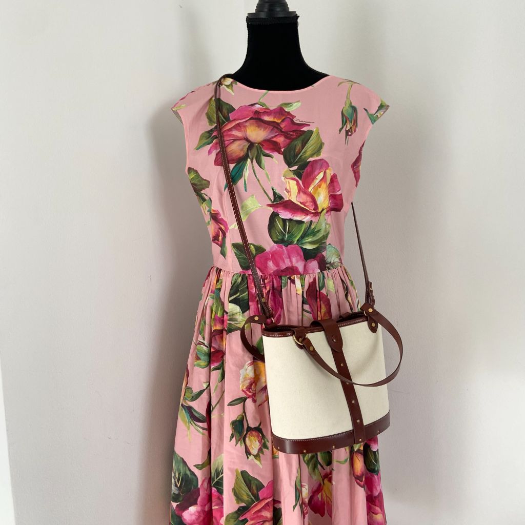 The Row beige canvas and leather bucket bag