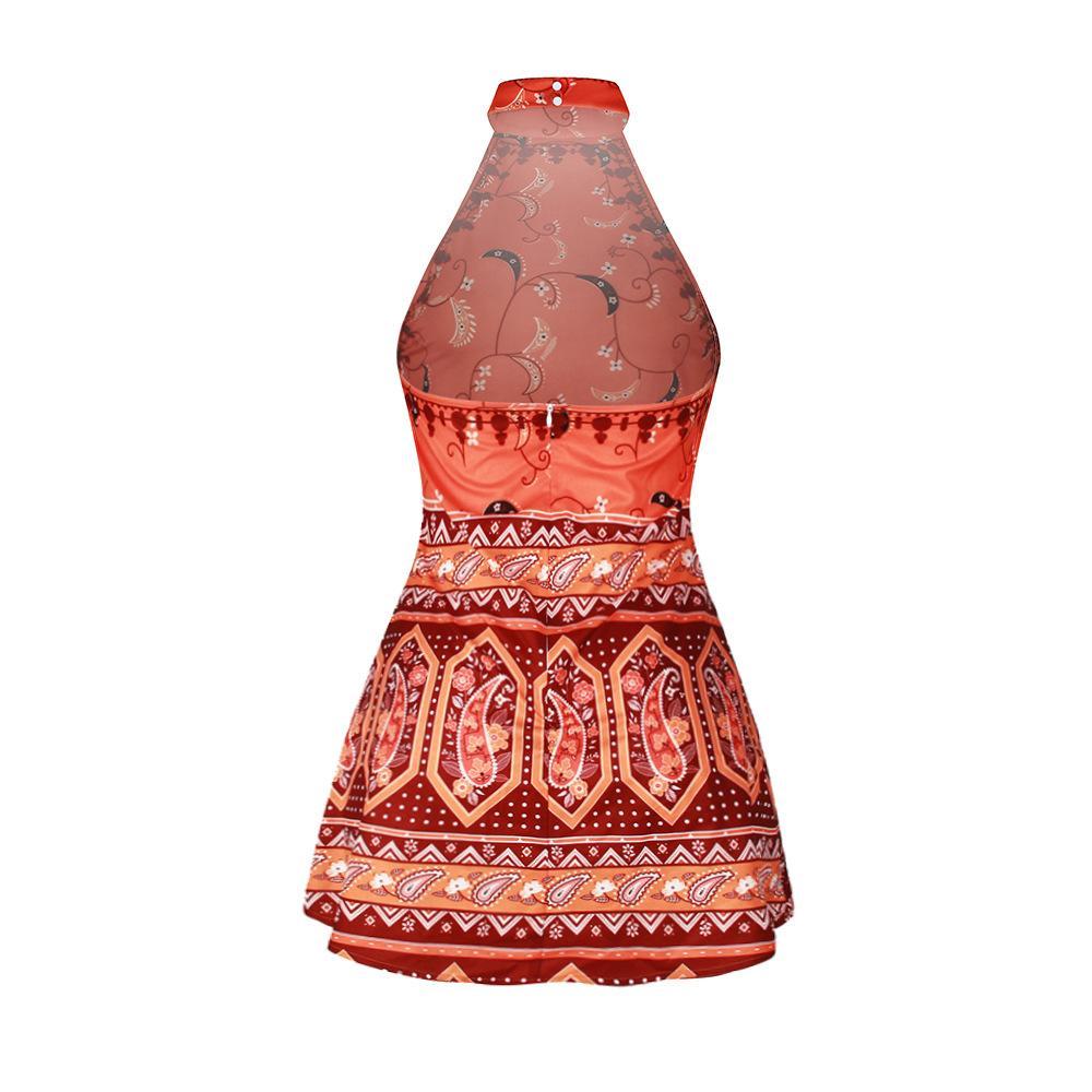 Boho Floral Backless Printed Beach Mini Dress