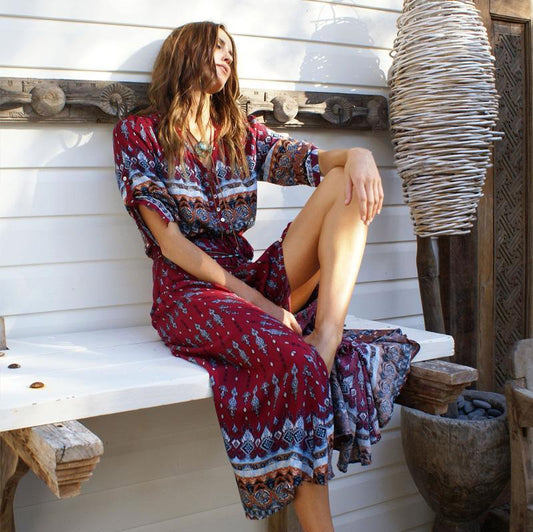 Chiffon Bohemia Floral 3/4 Sleeve V Neck Dress