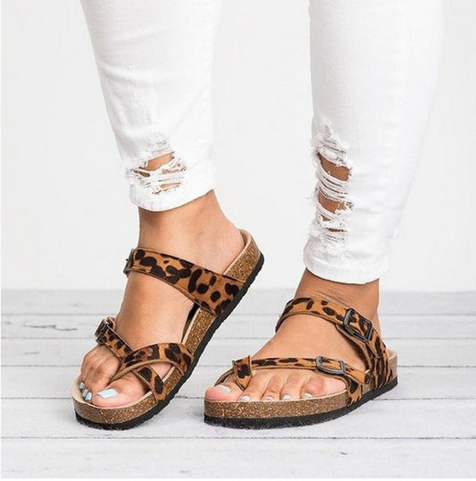 Women Flip Flops Ladies Slippers Retro Beach Leopard Print Flats Sandals