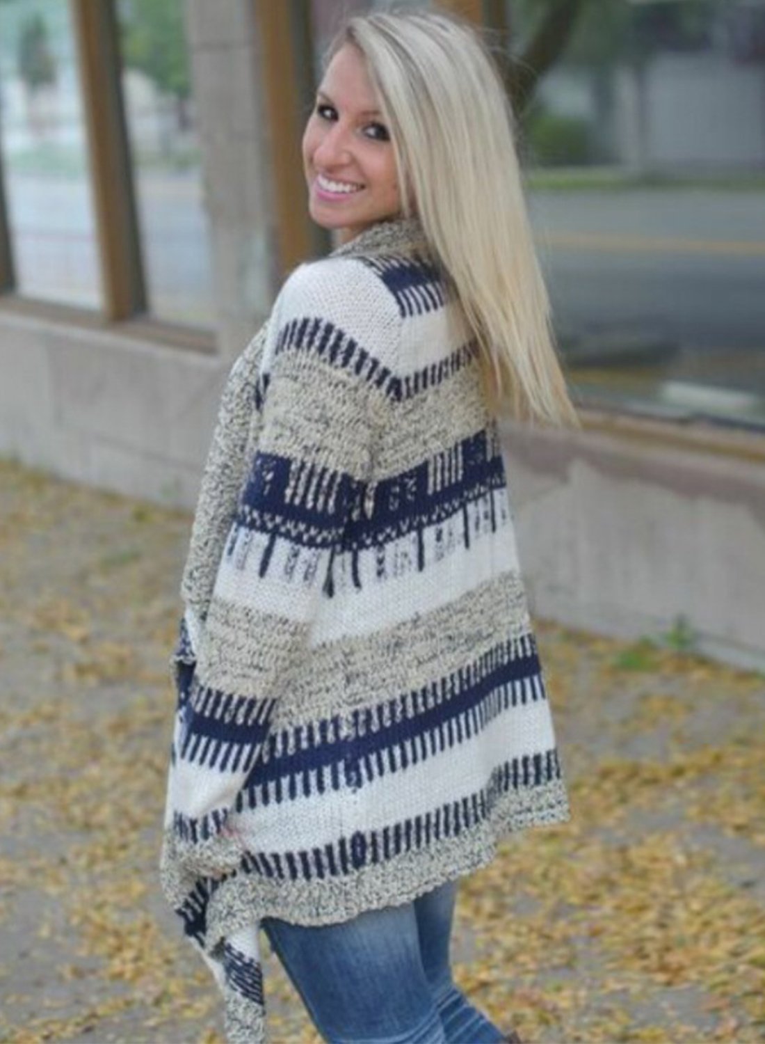Women S Long Sleeve Open Front Color Block Irregular Cardigan