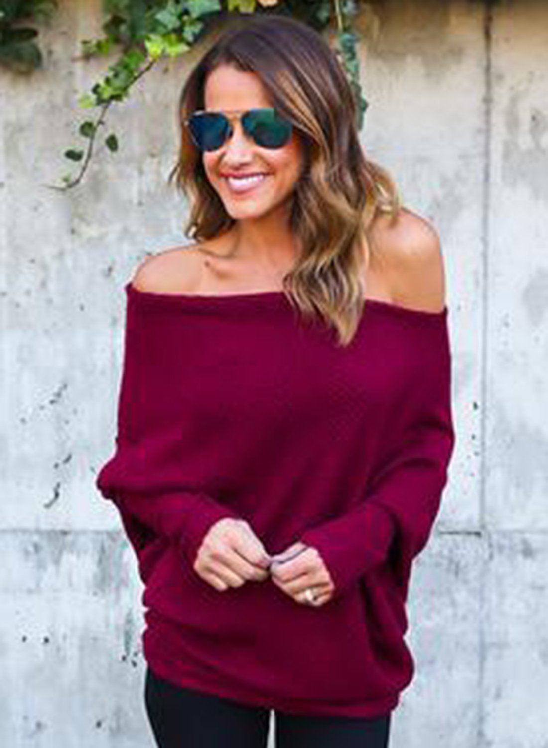 Women S Polyester Off Shoulder Batwing Sleeve Knitting Sweater
