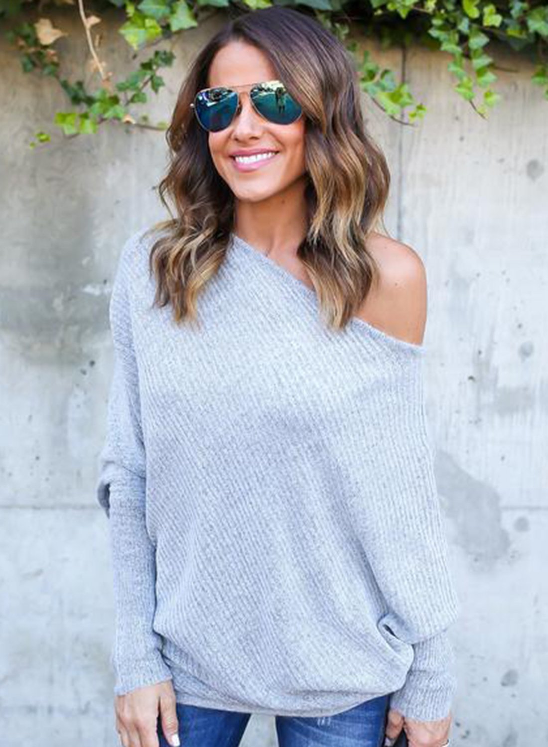 Women S Polyester Off Shoulder Batwing Sleeve Knitting Sweater