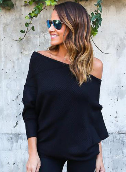 Women S Polyester Off Shoulder Batwing Sleeve Knitting Sweater