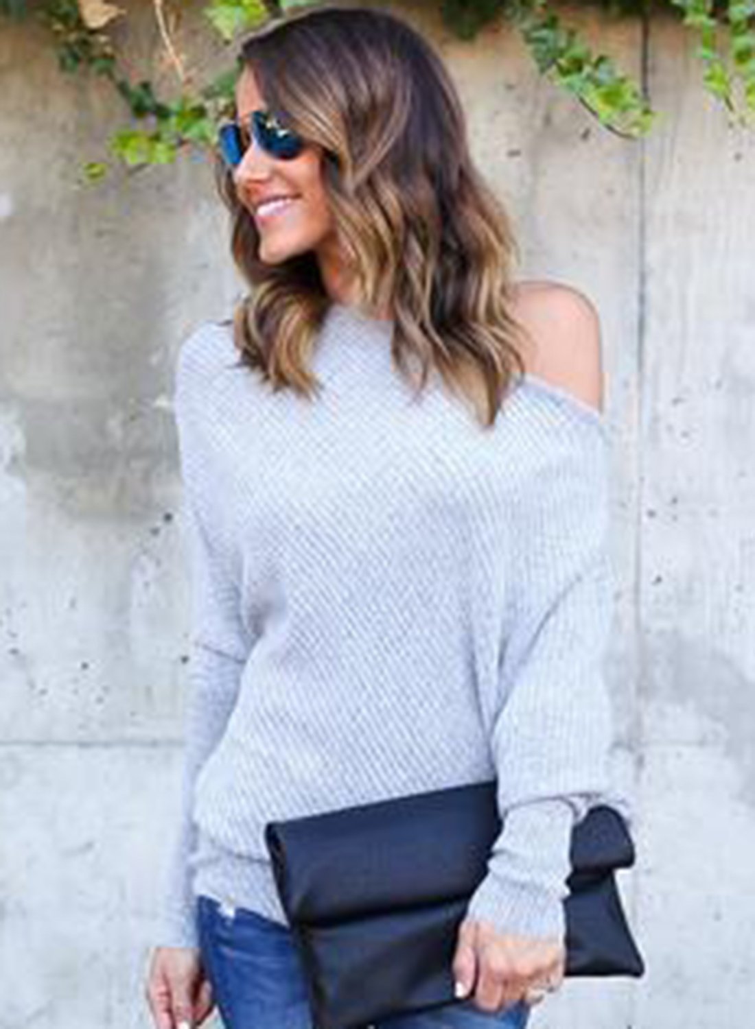Women S Polyester Off Shoulder Batwing Sleeve Knitting Sweater