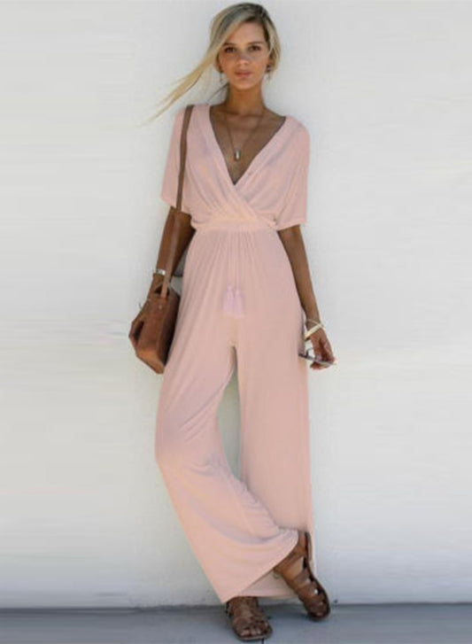 Women S Fashion V Neck Short Sleeve Solid Wide Leg Jumpsuit