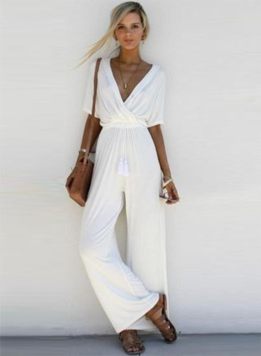 Women S Fashion V Neck Short Sleeve Solid Wide Leg Jumpsuit