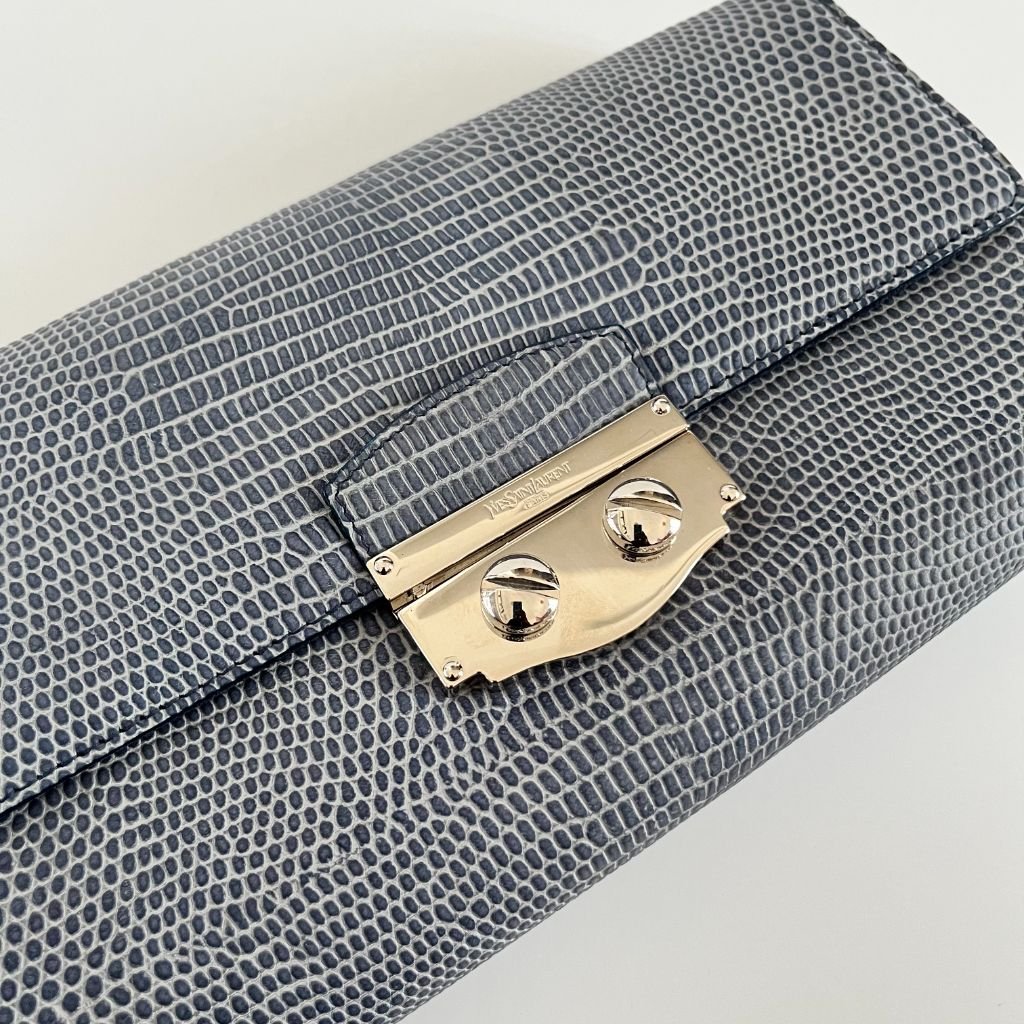 Yves Saint Laurent Lizard Embossed Blue Large Clutch