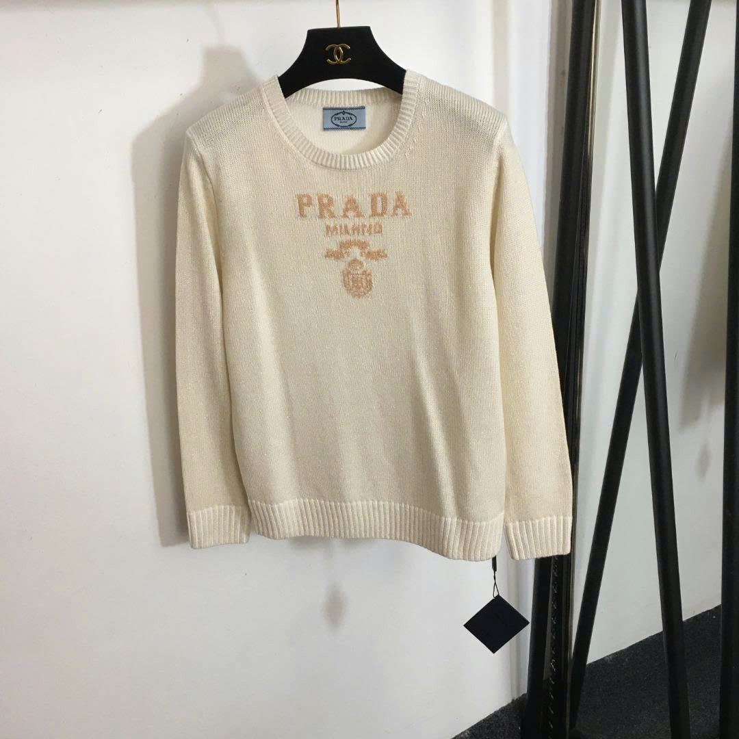 Prad Logo Crew-Neck  Sweater in Bright Silk Blend Wool